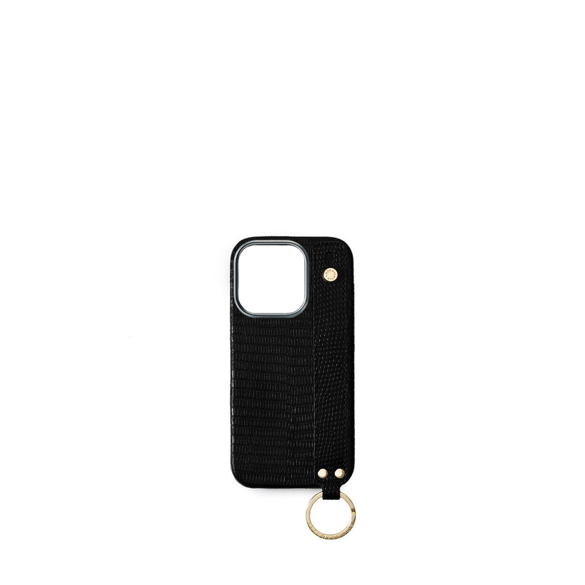 (iPhone 15 Pro) Back Cover Case with Handle Lizard Embossed Leather (Gold)
