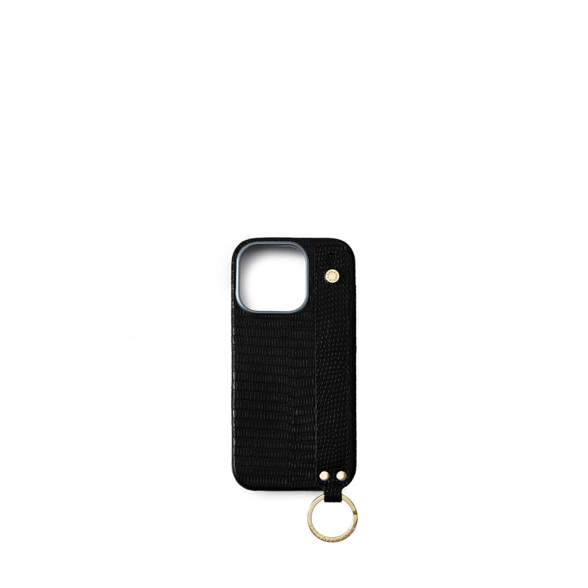 (iPhone 16 Pro) ハンドル付き バックカバーケース リザードエンボスレザー （ゴールド）